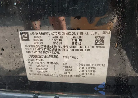 2014 Chevrolet Silverado 1500 2Lz z USA, uszkodzony, nr VIN 3GCUKSEC1EG106700